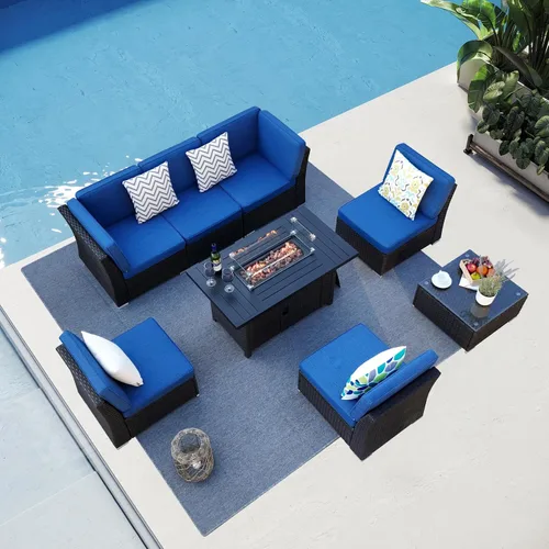 Juego de 8 muebles de patio al aire libre con mesa para fogata de propano de 46 pulgadas, muebles de mimbre de polietileno marrón, sofá seccional de