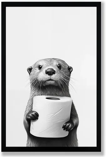 Miniatura 25 de Lienzo enmarcado en blanco y negro para el baño, divertida decoración de baño de animales, linda nutria sosteniendo un rollo de papel higiénico