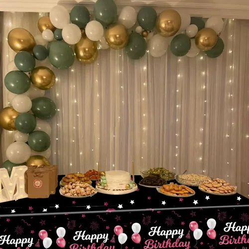Miniatura 6 de MRJ Black Party Supplies - Paquete de 3 manteles de feliz cumpleaños con estrellas rosas y negras, decoraciones perfectas para fiestas de cumpleaños