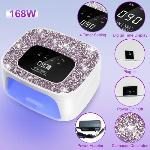 Miniatura 3 de Secadores de lámpara de uñas LED UV, inalámbrico, 168 W, luz UV de diamante para esmalte de uñas de gel, lámpara de gel de construcción de poliéster