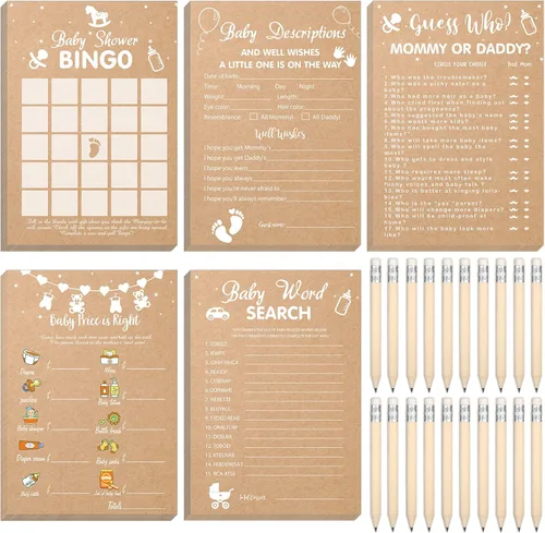 Sinmoe Juego de 220 piezas de papel kraft para baby shower, bingo de baby shower, actividad de adivinanzas, revuelto de palabras, predicción y