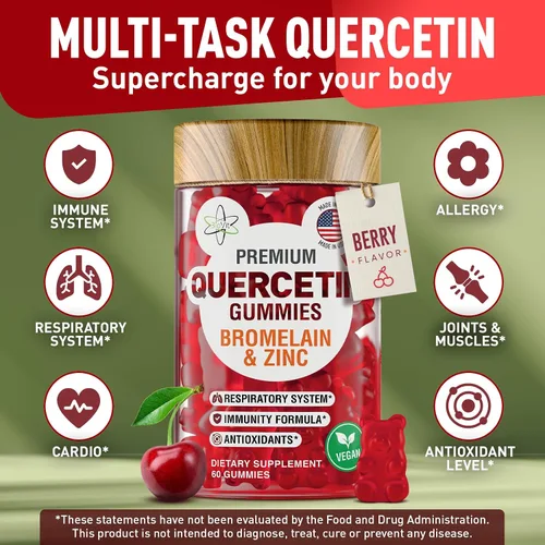 Miniatura 4 de BioVit Gomitas de quercetina de 500 mg – Quercetina activada para niños y adultos, sistema inmunológico y alergia – Masticables con bromelina, zinc