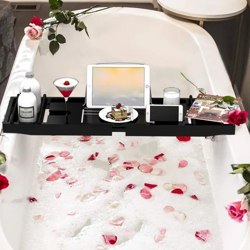 Miniatura 5 de Domax - Bandeja para tina de bambú extensible para baño de lujo, con soporte para libros y jabonera separada, color negro