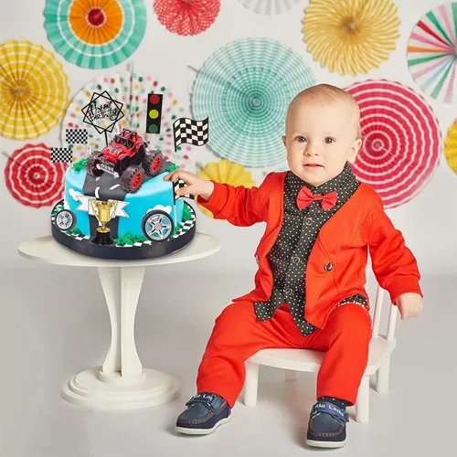 Miniatura 6 de MEMOVAN Decoración para tarta de camiones, decoración de tarta de camión para niños, coche de carreras para tarta de cumpleaños, decoración