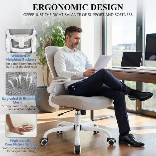 Miniatura 6 de FelixKing Silla de oficina, silla de escritorio ergonómica, sillas de malla transpirable, respaldo alto, soporte lumbar ajustable, reposabrazos Gris