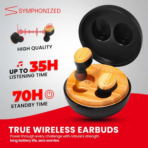 Miniatura 5 de Symphonized Auriculares inalámbricos de madera con graves profundos, 35 horas de reproducción de sonido 3D. Cancelación de ruido con micrófono.