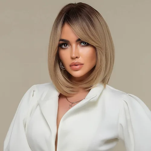Miniatura 2 de HAIRCUBE Peluca corta estilo Bob rubio ceniza ombré con raíz oscura con flequillo, pelucas sintéticas hasta el hombro para mujer