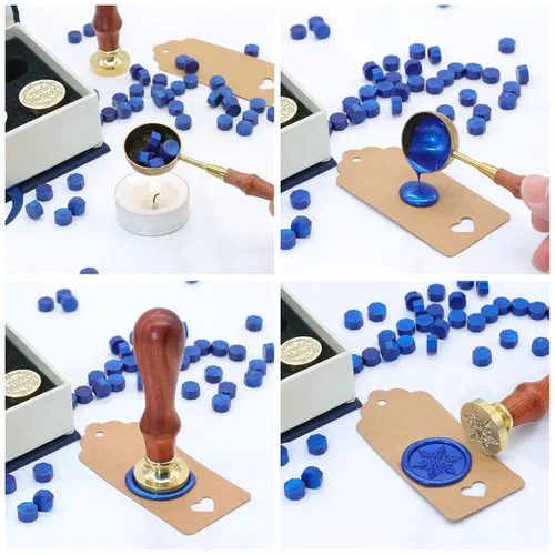 Miniatura 6 de SWANGSA - Juego de sellos de cera, estilo vintage, 4 cabezas con patrones navideños y 1 mango de madera para regalos de Navidad y Año Nuevo