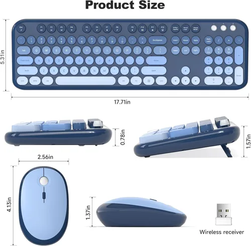 Miniatura 112 de KNOWSQT Combo de teclado y ratón inalámbrico, teclados lindos de tamaño completo estilo máquina de escribir 2.4G azul colorido - receptor USB Plug