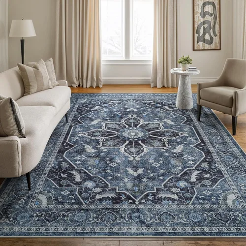 Miniatura 20 de Bloom Rugs Caria Alfombra Lavable Antideslizante de 7 pies - Azul/Carbón Alfombra Tradicional para Entrada, Pasillo, Baño y Cocina - Tamaño Exacto
