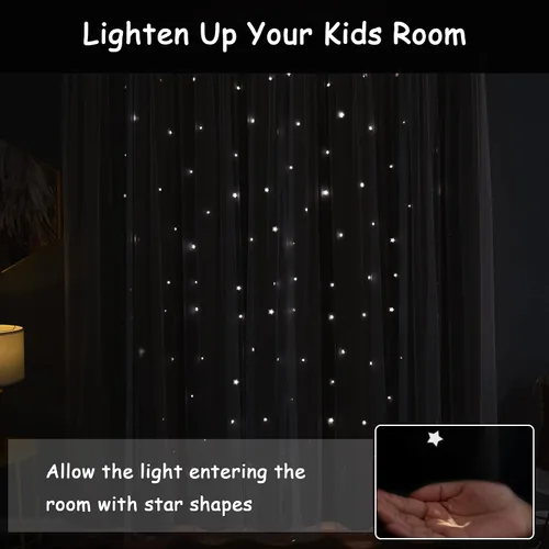 Miniatura 7 de Cortinas opacas con recorte de estrellas y arcoíris para guardería/habitación de niños/niñas, con superposición de tul, 2 paneles, cada una de 52