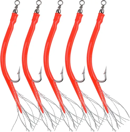 AGOOL Señuelos clásicos de tubo de bajo a rayas para paraguas con cola flash, gancho en J de acero inoxidable, cebo de sandeel para pesca de Rojo -