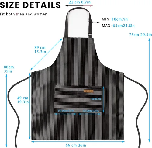 Miniatura 3 de Paquete de 2 delantales ajustables con peto, delantales de chef para cocina, restaurante, con 2 bolsillos, delantales para mujeres y hombres