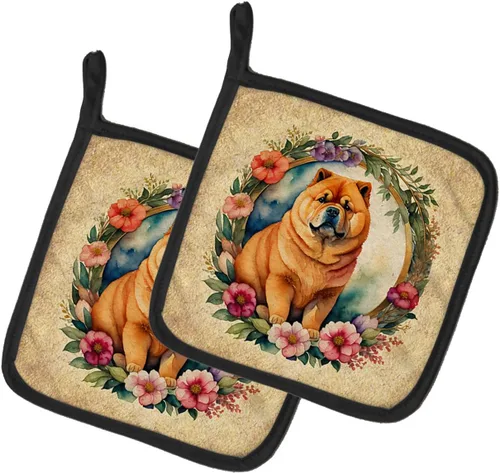 Caroline's Treasures Chow Chow and Flowers - Juego de soportes para ollas de cocina, resistentes al calor, almohadillas calientes para cocinar, Chow