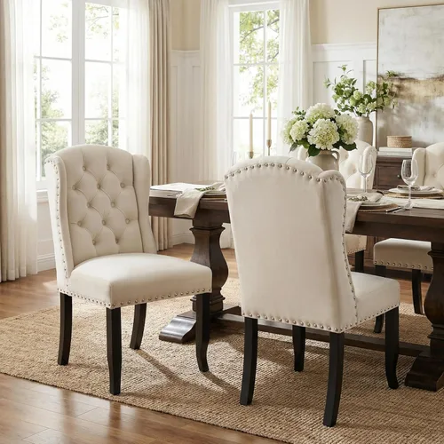 Miniatura 11 de DUOMAY Juego de 2 sillas de comedor modernas copetudas, sillas de comedor tapizadas de lino, sillas auxiliares sin brazos para cocina, comedor, Beige