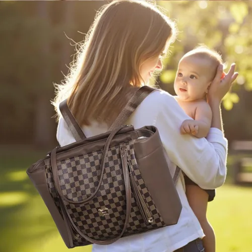 Miniatura 3 de Miss Fong Bolso de pañales de cuero con diseño a cuadros, mochila de gran capacidad para mamá, bolso hospitalario, con 12 bolsillos, bolso de viaje