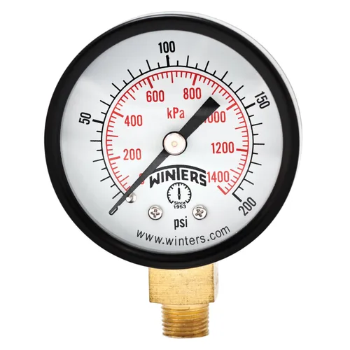 Winters - Medidor de presión en seco de utilidad económica, interior de latón, caja de acero negro, escala doble 0-200 psi/kPa, 3-2-3% de precisión,