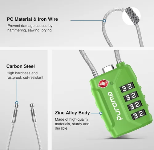 Miniatura 5 de Puroma Paquete de 2 cerraduras de equipaje aprobadas por la TSA, cerradura de viaje con combinación de 4 dígitos con cuerpo de aleación de zinc