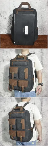 Miniatura 3 de Le'aokuu Lona y cuero genuino impermeable unisex adulto mochila diaria mochila casual bolsa de viaje, Negro