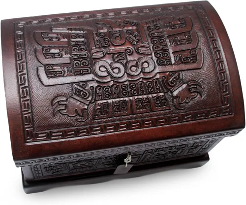 Miniatura 11 de NOVICA Caja de joyería de madera y cuero labrado Mohena con temática colonial, legado colonial