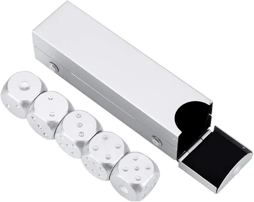 Juego de dados de aleación de aluminio, 5 piezas con caja de almacenamiento, dados metálicos dorados o plateados de 1.6 pulgadas para juegos de mesa