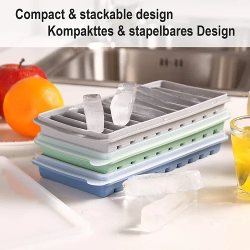 Miniatura 2 de LessMo 3 bandejas para cubitos de hielo, bandeja larga para palitos de hielo de silicona con tapa, palo estrecho rectangular, reutilizable
