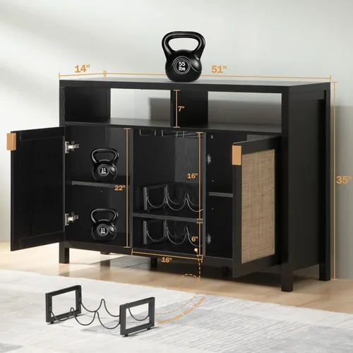 Miniatura 3 de SICOTAS - Gabinete de barra de café de ratán, aparador de buffet de 51" con almacenamiento, gabinete de licor moderno con estantes para vino