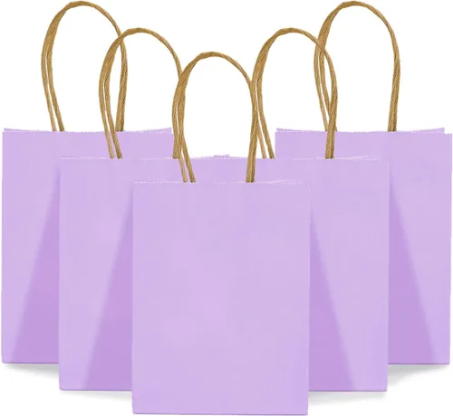 Miniatura 8 de DjinnGlory Paquete de 60 mini bolsas de regalo de papel morado con asas, 6.3 x 4.7 x 2.75 pulgadas, pequeñas bolsas de lavanda para cumpleaños