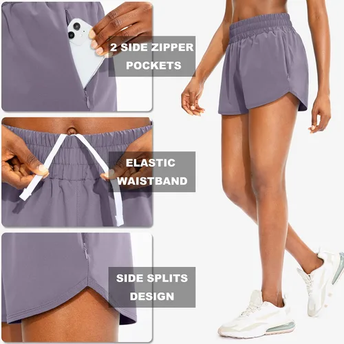 Miniatura 4 de SANTINY - Pantalones cortos de correr para mujer con bolsillos con cremallera, cintura alta, pantalones cortos de entrenamiento atlético para mujer