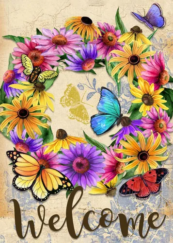 Artofy Corona de flores de bienvenida para el hogar, bandera decorativa de jardín con margaritas, decoración de mariposa vintage, decoración