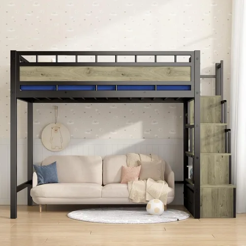 Miniatura 8 de soges Cama loft de tamaño twin con colchón incluido, cama alta todo en uno para niños y adultos, con escaleras y cajones de almacenamiento, base