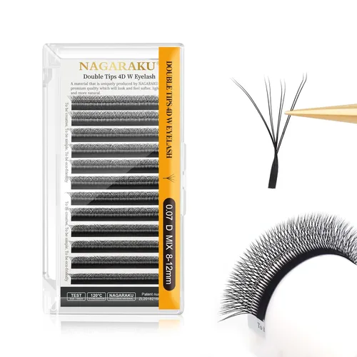 Miniatura 313 de NAGARAKU Extensiones de pestañas Double Tips 4D W, suministros con puntas dobles, gruesas con rizado D de 0.07 mm, bandeja mixta 8-15 mm, 0.07-D