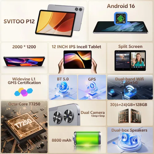 Miniatura 2 de SVITOO Tablet de 12 pulgadas, tableta Android 16, pantalla grande de 12 pulgadas, pantalla 2K, Octa-Core, 30 GB de RAM 128 GB de almacenamiento 1 TB