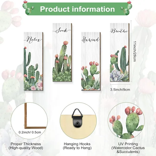 Miniatura 2 de Amyhill 4 piezas de decoración de pared de cactus Relax Soak Unwind Breathe - Decoración de pared de cactus de madera para colgar en la pared