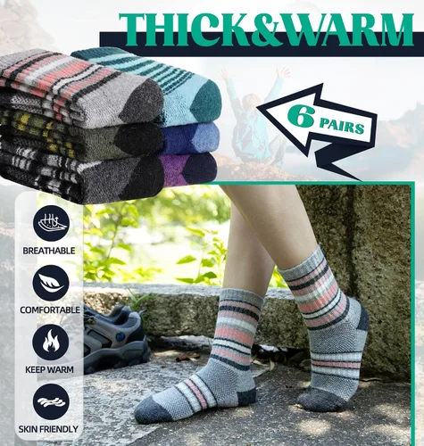 Miniatura 5 de DoSmart Calcetines de senderismo de lana merino para niños y niñas, térmicos, cálidos, gruesos, acogedores, acolchados, 6 pares