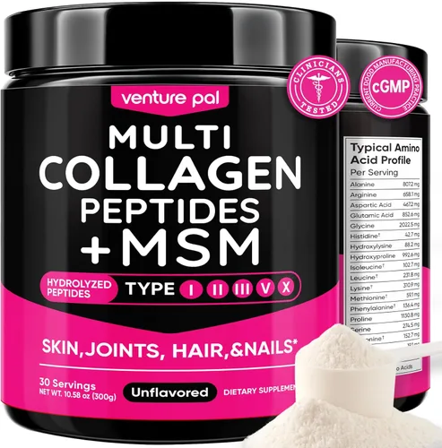Venture Pal Polvo de colágeno múltiple tipo I, II, III, V, X - Péptidos de colágeno hidrolizados MSM, GC, ácido hialurónico y vitamina C |