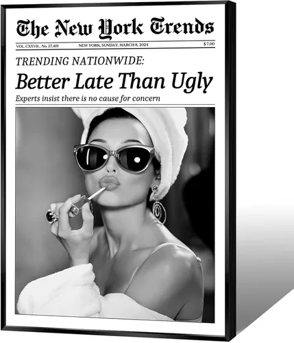 Miniatura 16 de FBKDVC Póster de pared de periódico retro de moda en blanco y negro para mujer, póster artístico con texto en inglés "Better Late Than Ugly Vintage