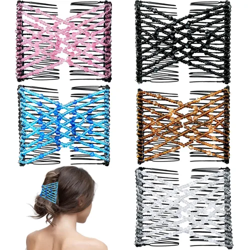 5 Piezas de peine mágico elástico para el cabello, peine doble elástico, pinzas para el cabello con cuentas elásticas para mujeres y niñas, estilo