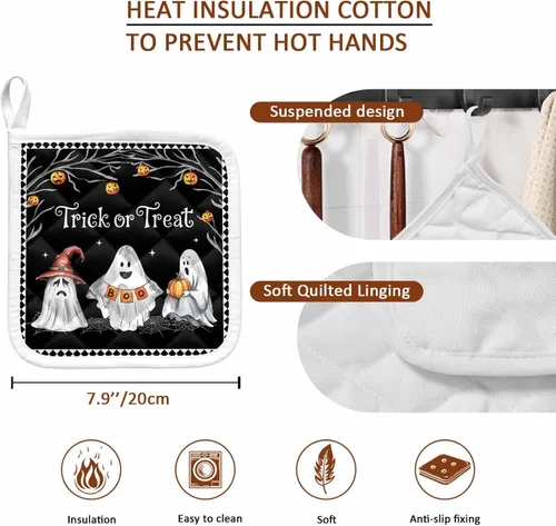 Miniatura 9 de Juego de 2 soportes para ollas de Halloween para cocina, platos de sartén para horno, tapete a prueba de calor con lazo para colgar, agarraderas