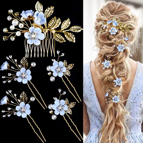Miniatura 12 de 5 Piezas Horquillas de Flores Nupciales para Cabello de Boda Peines de Cabello de Cristal y Perla Clips Tocado Dorado Accesorios de Cabello de Boda