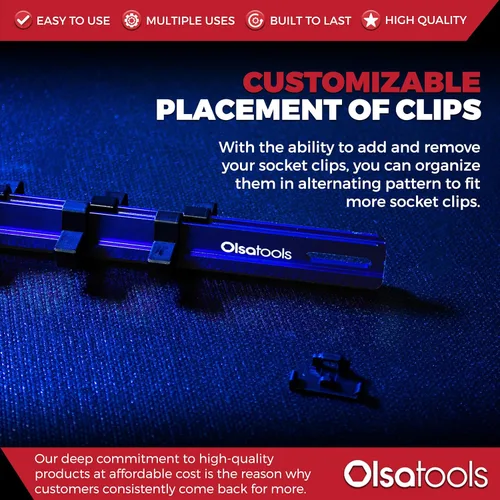 Miniatura 5 de Olsa Tools - Organizador de llaves de vaso de aluminio con tapas de extremo con candado - Accionamiento de 3/8 pulgadas - Raíles de soporte de Azul