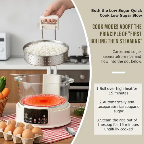Miniatura 3 de Olla arrocera baja en azúcar – Cocina multifuncional de arroz baja en carbohidratos con cesta de elevación automática, preestablecida