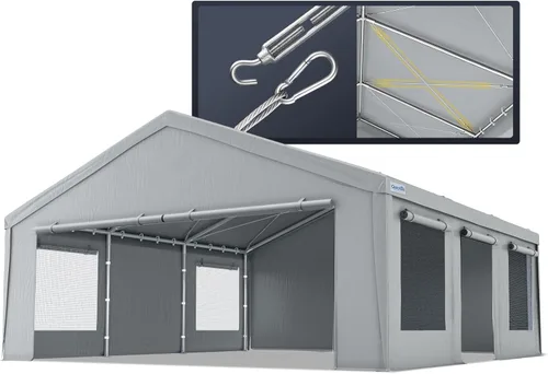 Quictent Cochera resistente para 2 autos de 20 x 20 pies, refugio de almacenamiento impermeable con puertas laterales con cremallera, cables de Gris