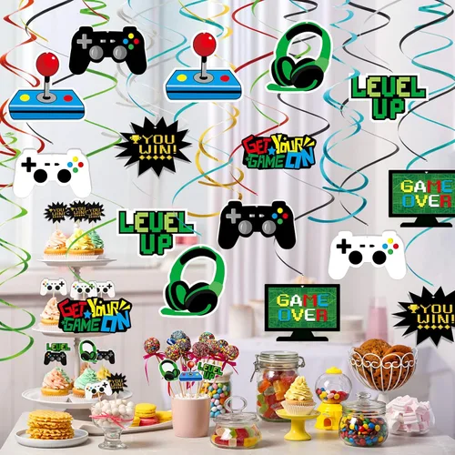 Miniatura 6 de MIAHART 34 piezas de remolinos colgantes para fiestas de videojuegos, serpentinas de techo de aluminio para decoración de fiesta de cumpleaños