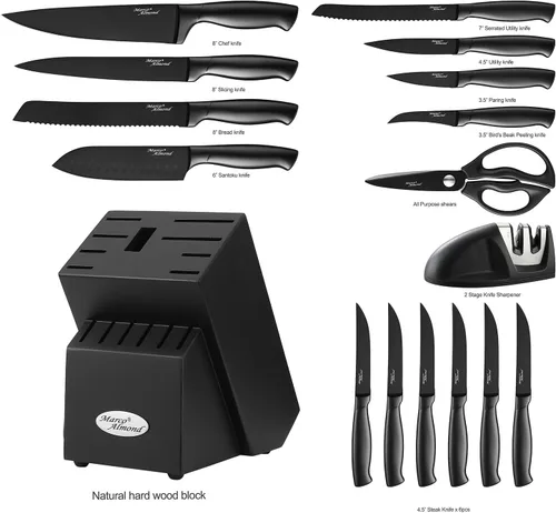Miniatura 6 de Marco Almond® Juego de cuchillos de cocina con bloque y afilador MA23, juego de bloque de cuchillos de 17 piezas, juego de cuchillos negros de chef