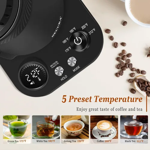 Miniatura 7 de Secura Hervidor eléctrico de cuello de cisne con 5 ajustes preestablecidos de control de temperatura, tetera interior de acero 100% inoxidable