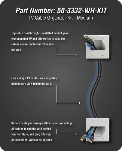 Miniatura 4 de DATA COMM Electronics 50-3332-WH-KIT - Kit organizador de cables de panel plano, placa de pared, oculta los cables de bajo voltaje detrás de TV