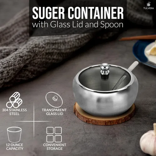 Miniatura 2 de Azucarero con tapa y cuchara Recipiente de azúcar de 12oz para barra de café Frasco portasal de acero inoxidable para sal, té, caramelos, azúcar