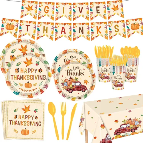 Miniatura 9 de 140 piezas Decoraciones de Fiesta de Acción de Gracias Feliz Otoño Platos de Hojas de Arce y Servilletas Juego de Vajilla para Cosecha de Otoño