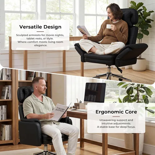 Miniatura 7 de Silla de oficina grande y alta, silla de oficina ejecutiva de cuero cruzado con respaldo alto con reposabrazos y ruedas, silla ergonómica